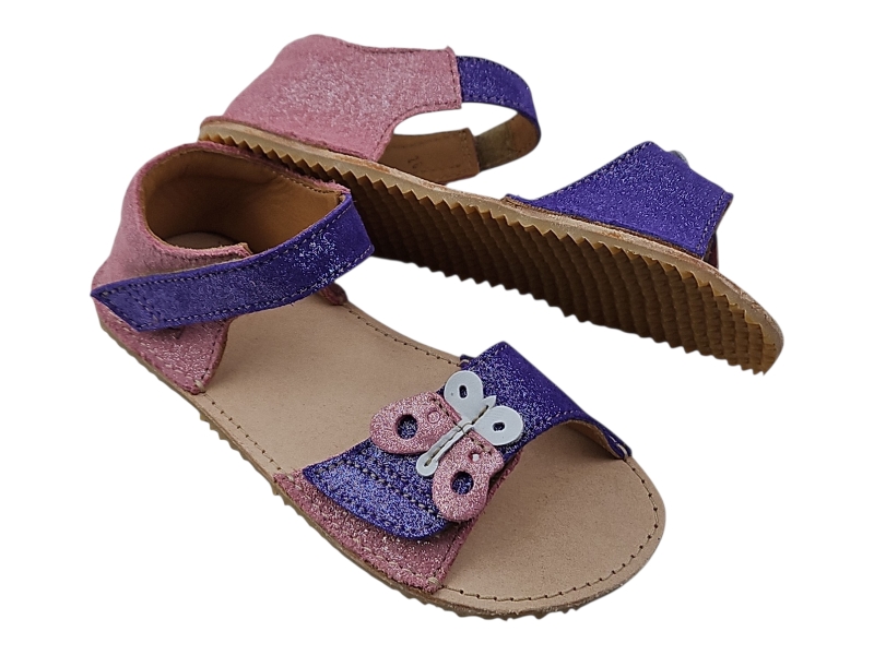 Dívčí kožené barefoot sandály MIRRISA růžová s motýlkem