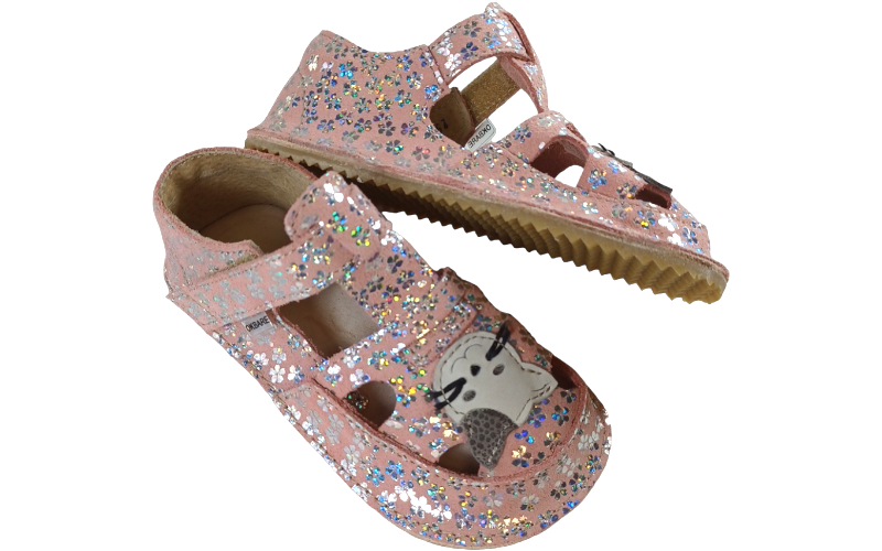 Dětské kožené barefoot  sandálky ITHAKA s kočičkou růžová