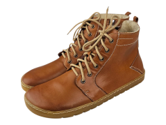 Dámská zimní kotníčková barefoot obuv na šněrování i zip DEVON oříšková, podšívka z přírodní vlny
