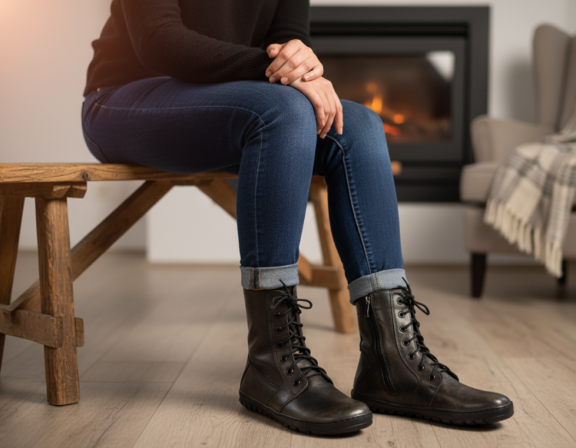 Dámské barefoot vyšší kožené boty BUTE hnědočerná, hřejivý filc