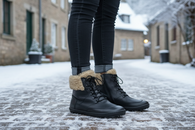 Dámské barefoot zimní boty na šněrování i zip DORA černá, s vlněnou podšívkouZ/N černá