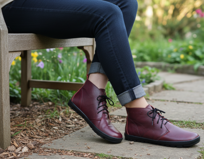 Dámské kotníčkové barefoot boty na šněrování ELIS červená, hřejivý filc