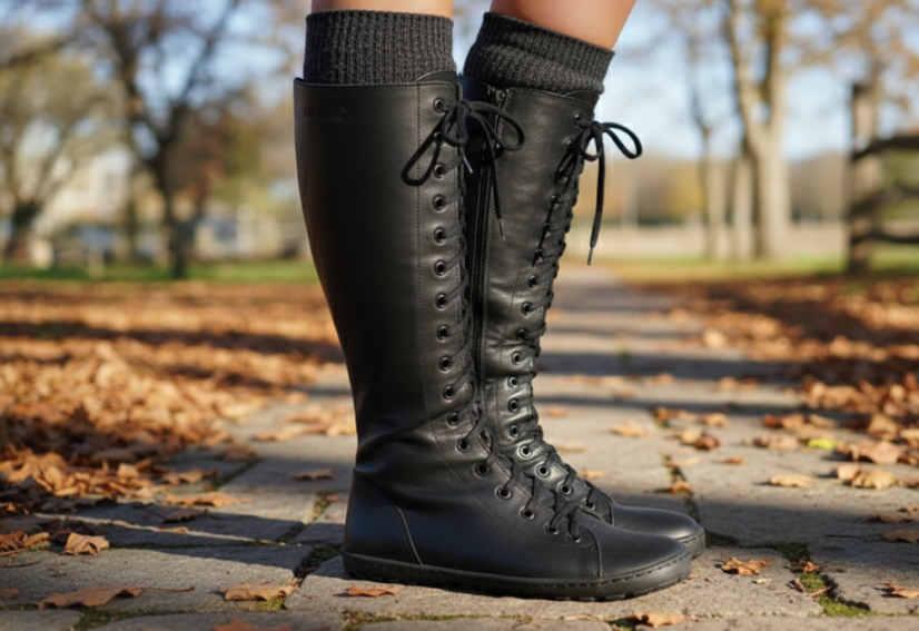 Dámské zimní vysoké barefoot kozačky HOY černé, s vlněnou podšívkou a vyšší podrážkou