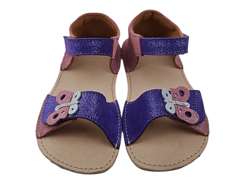 Dívčí kožené barefoot sandály MIRRISA růžová s motýlkem