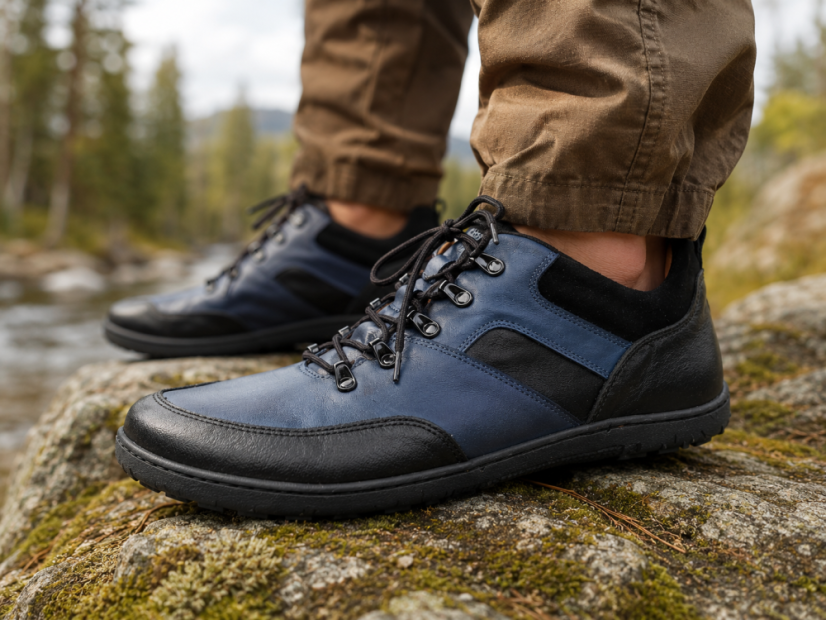 Celokožené pánské barefoot boty pohorkového stylu MAIN – modročerné