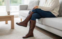 Dámské vysoké barefoot kozačky HOY tm.hnědá, kožené podšívky