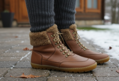 Dámské barefoot zimní boty na šněrování i zip DORA hnědá, s vlněnou podšívkou