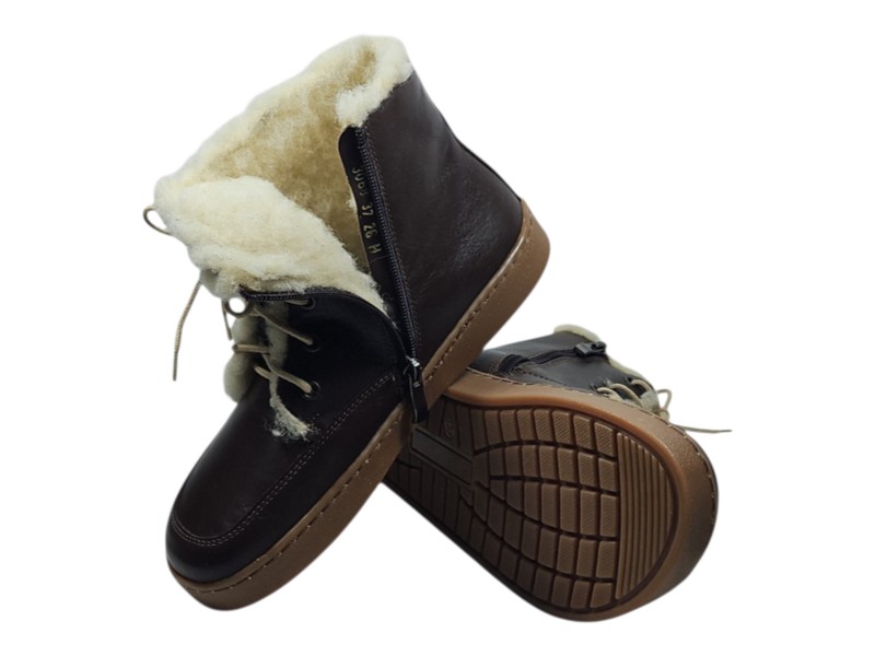 Dámské kožené barefoot kotníkové boty SHEEP s vlněnou podšívkou  - hnědá