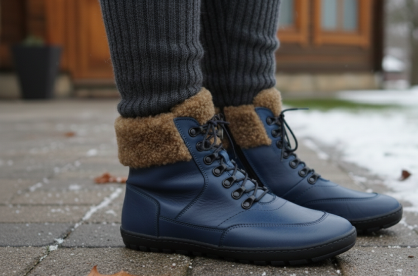 Dámské barefoot zimní  boty na šněrování i zip DORA modrá, s vlněnou podšívkou