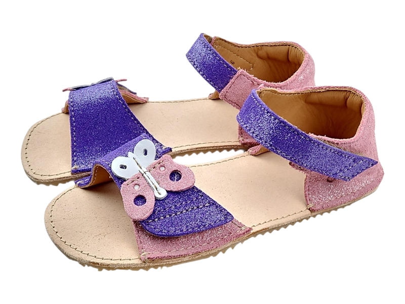 Dívčí kožené barefoot sandály MIRRISA růžová s motýlkem