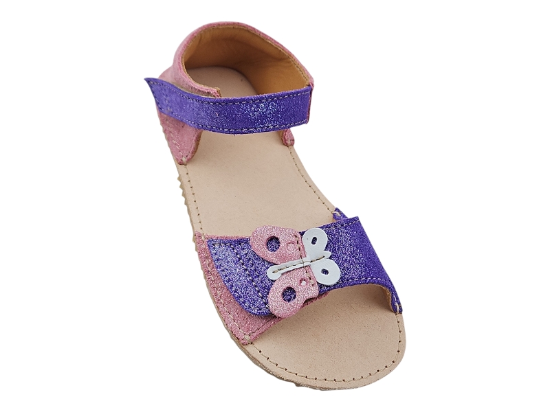 Dívčí kožené barefoot sandály MIRRISA růžová s motýlkem